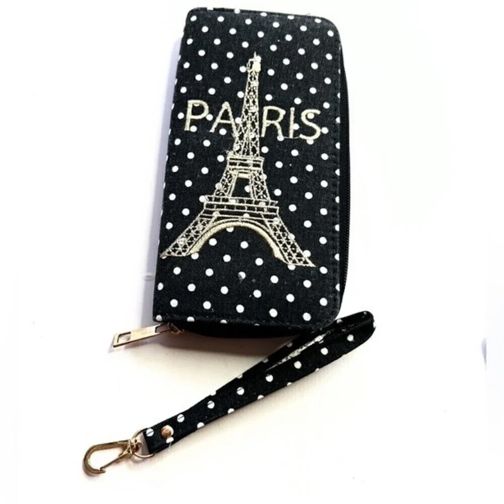PARIS  Eiffel Tower black Wallet  Credit Cash key card Holder.